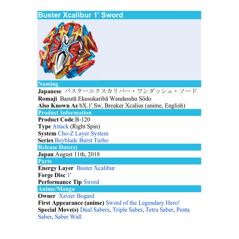 Takara Tomy Beyblade Burst B-120 Buster Xcalibur 1' Sword Attack
