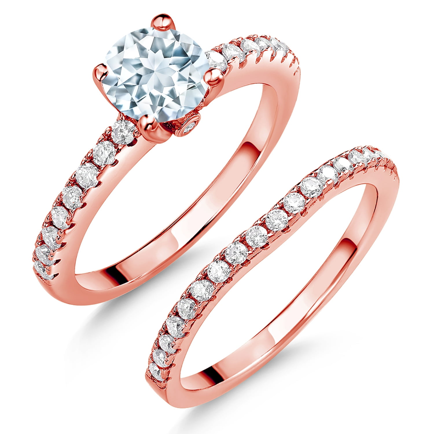 Gem Stone King 18K Rose Gold Plated Silver Sky Blue Aquamarine and White Moissanite Wedding Engagement Band Bridal Set Ring for Women 1.24 Cttw, Gemstone March Birthstone (Size 5)