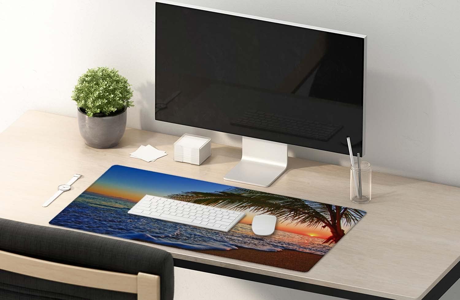 Extended Gaming Mouse Pad - Non-Slip Water-Resistant Rubber Base Computer Keyboard Mouse Mat, 35.4 x 15.7-inch XX-Large Desk Mat, Ideal Partner for Work & Game, Pacific Sunrise at Lanikai Beach