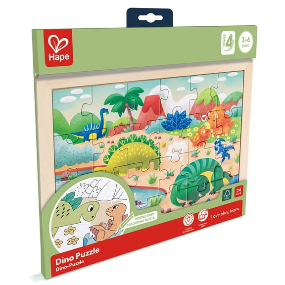 Hape: Dino Puzzle - 24pc, Double-Sided Coloring Puzzle, 1 Side Pre-Colored Picture & 1 Side An Outline Scenic Image To Be Colored In, Kids Ages 3 