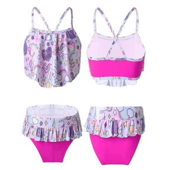 TiaoBug 2Pcs Kids Girls Printed Swimsuit Ruffle Hem Bathing Suits Flounce Bikini and Briefs Sets Beach Seaside