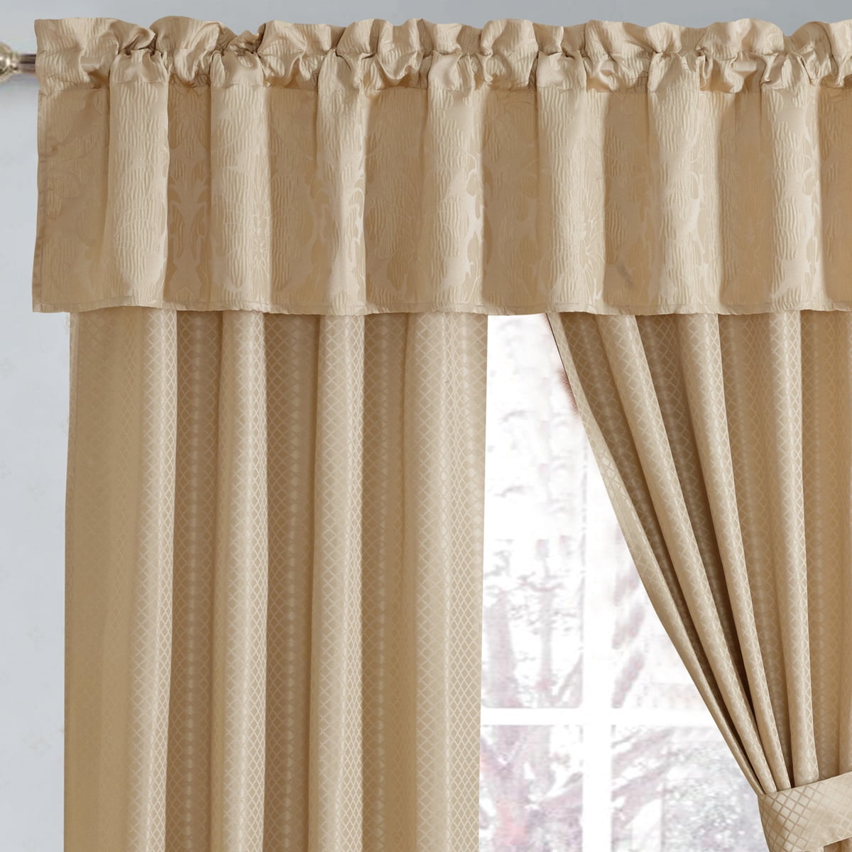 5 Piece Lined Jacquard Matching Curtain Set -Sara Beige