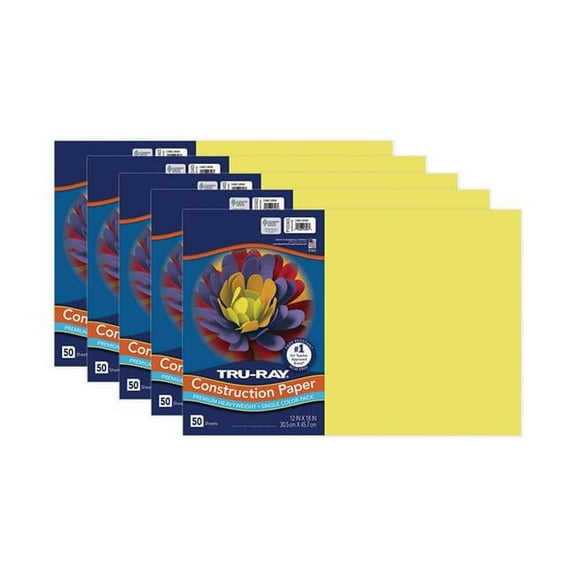 Tru-Ray Construction Paper, Heavyweight, Lively Lemon, 12" x 18", 50 Sheets Per Pack, 5 Packs