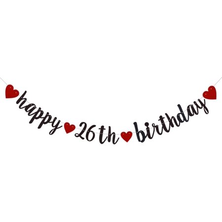 Happy 26th Birthday Banner, Pre-Strung,Black Glitter Paper for 26th Birthday Party Decorations Supplies, No Assembly Required,Black,