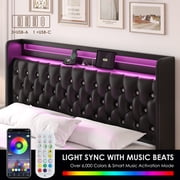 Homfa Black Full Size LED Bed Frame with 2 Storage Drawers, Modern PU Leather Crystal Button Upholstered Platform Bed Frame with Outlets and USB Ports & Display Platform