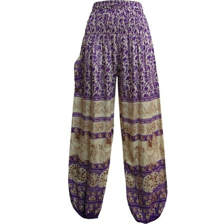 Purple Print Pant Set - Indian Bohemian Gypsy Elephant WHITE Print Yoga Meditation Harem Pants (Purple)