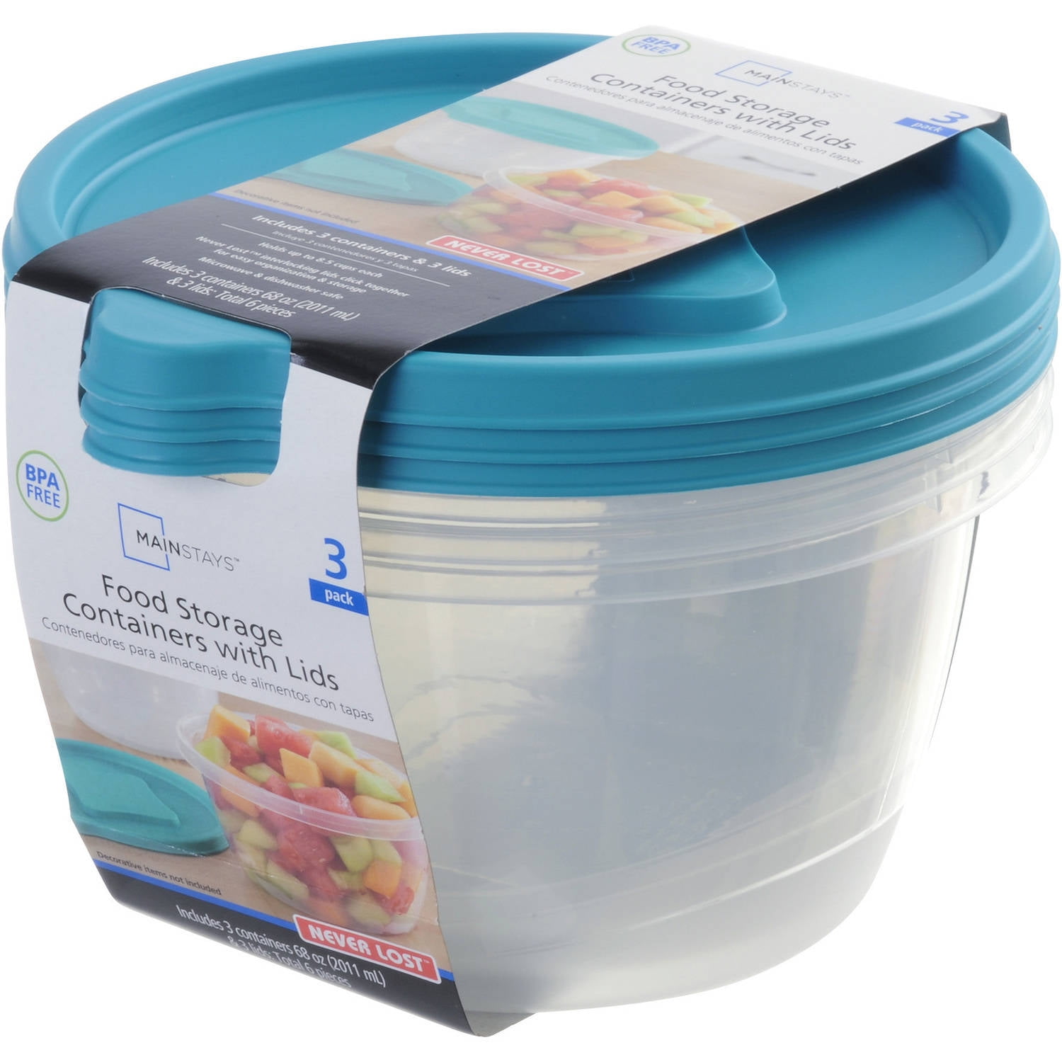 Mainstays Never Lost Round Food Storage Container, 8.5 cup, 3 count