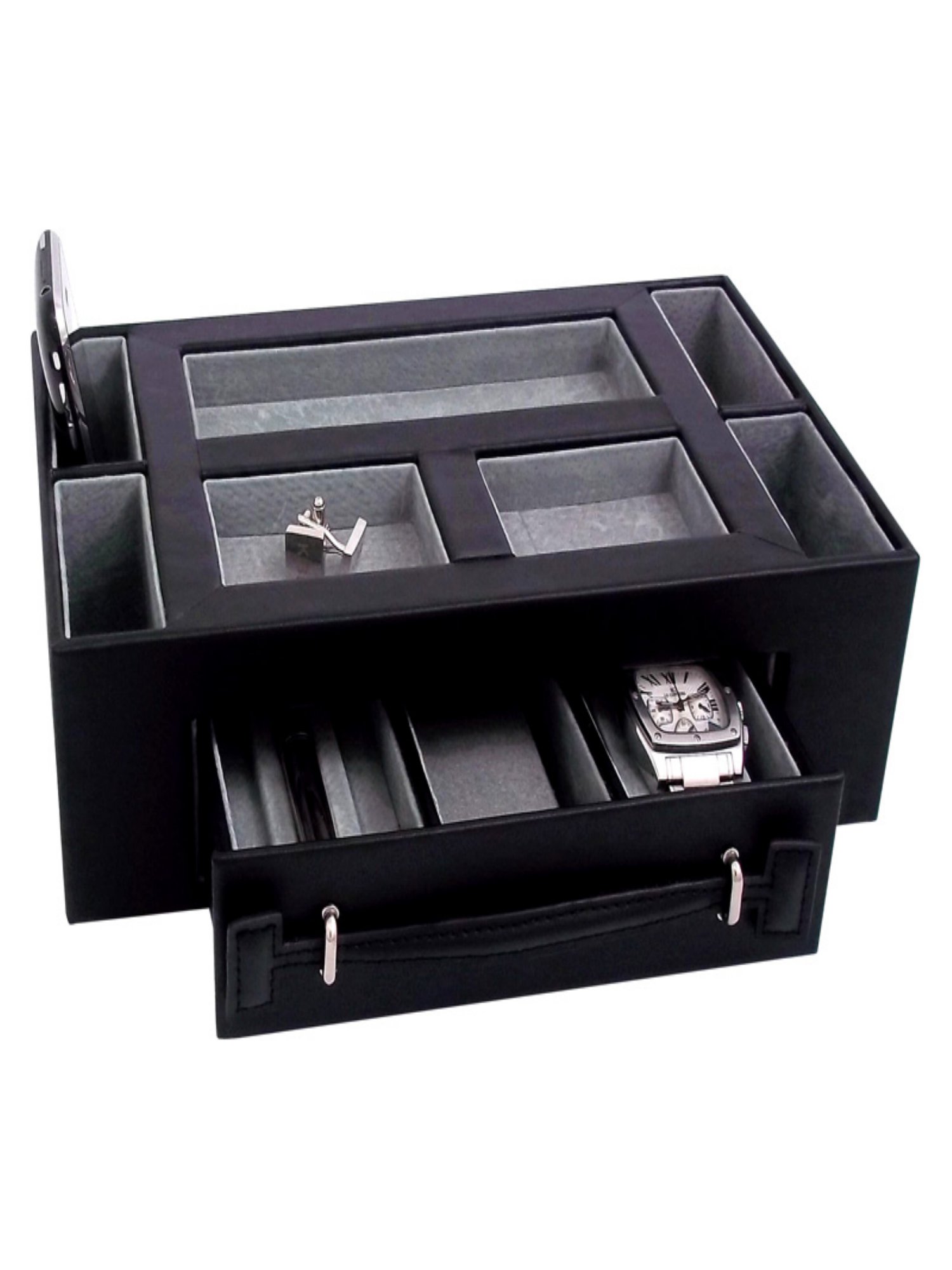 Bey Berk Leather Valet Box With Pen Amp Watch Drawer Black