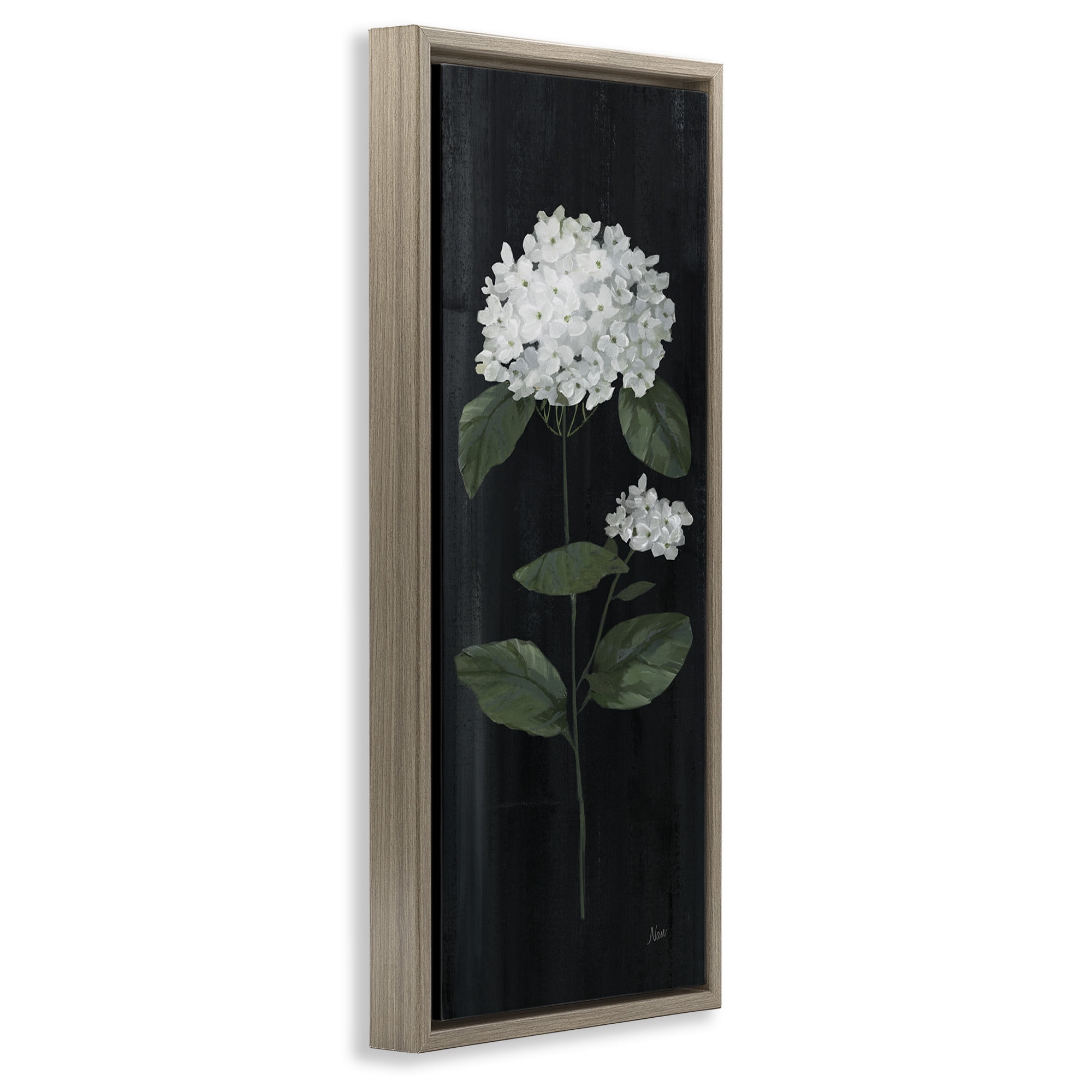 Stupell Industries Distressed Hydrangea Flower Blossom Botanical & Floral Painting Brown Floater Framed Canvas Art Print Wall Art, 11 x 25