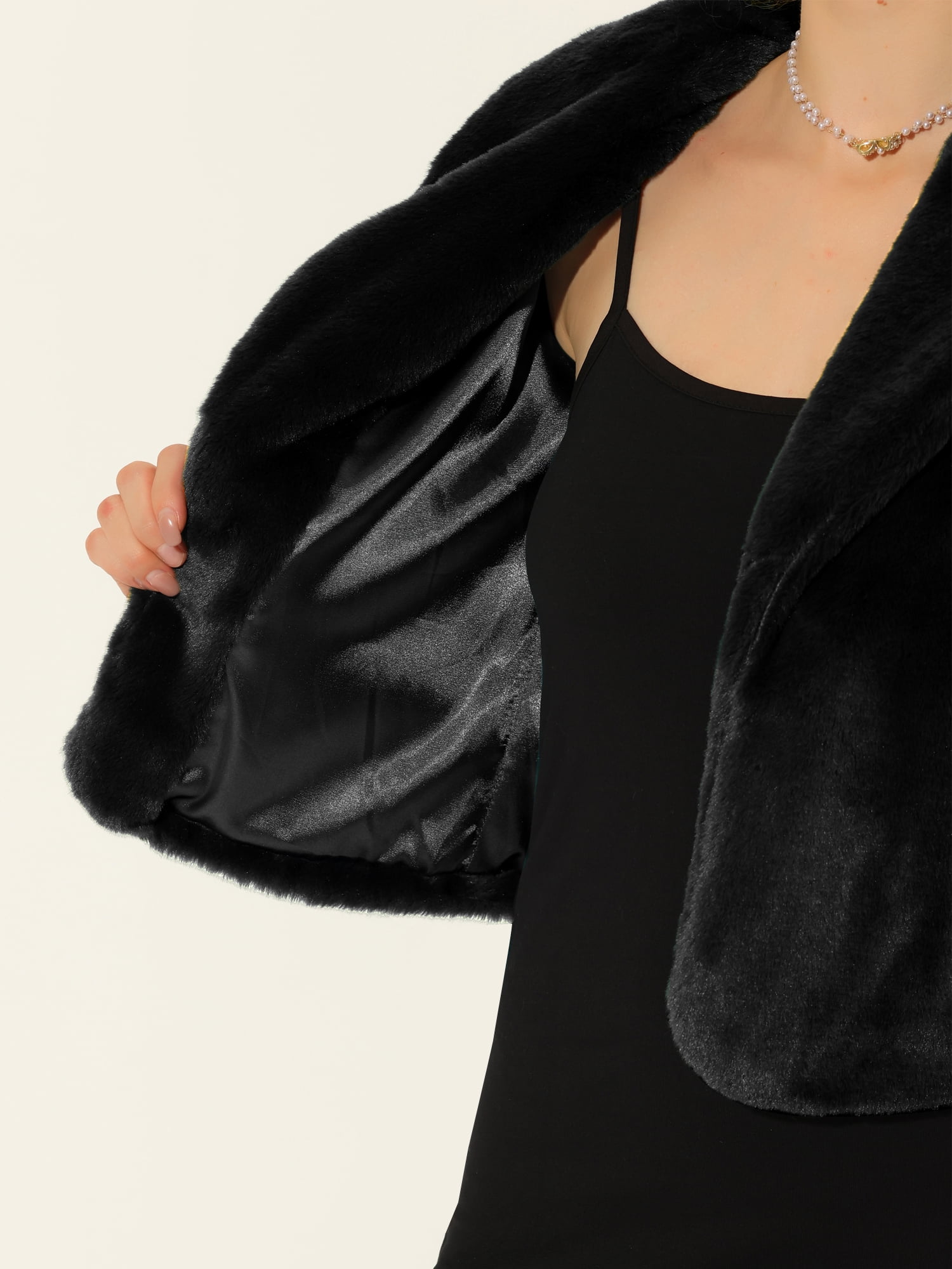 DARING DIVA Women's Notched Lapel Open Front Fleece Cropped Coat S Black