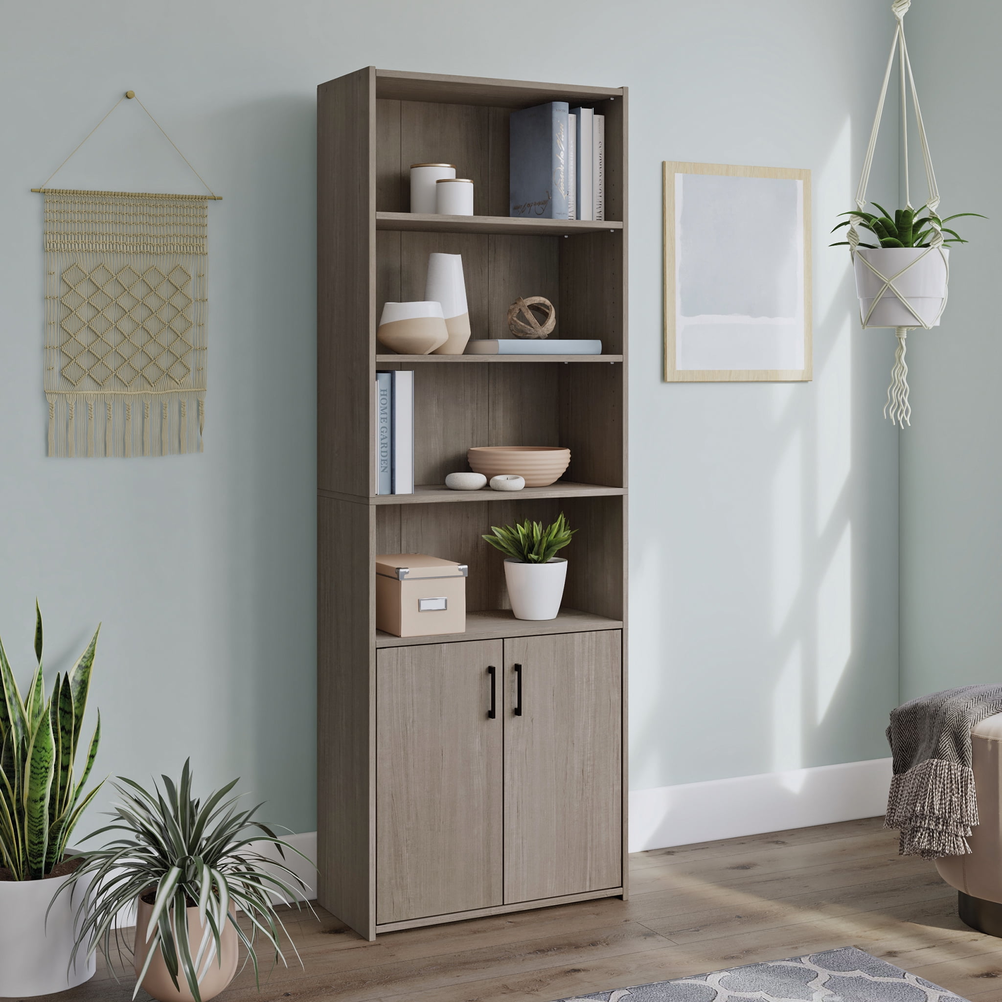 Sauder Beginnings Bookcase With Doors, Silver Sycamore Finish