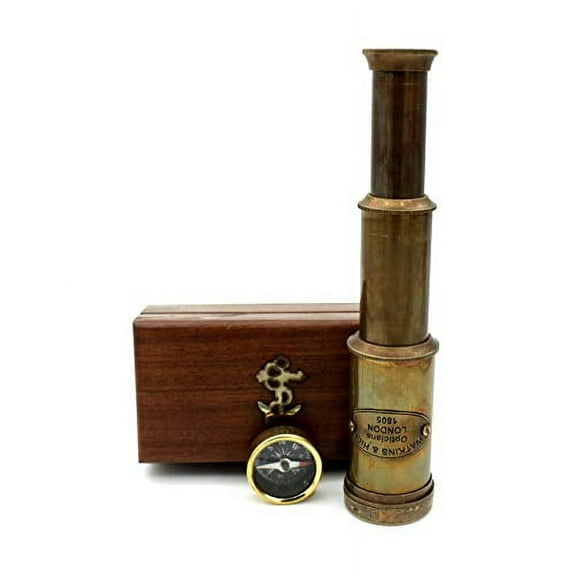 Nautical Brass Spyglass Telescope with Wooden Box, Brass Pirate Brass Telescope, Spyglass Collapsible Monocular Decorative Telescope with Glass Optics for Kids (Antique Finish)