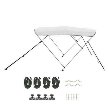 KFFKFF 3 Bow Boat Bimini Tops, Durable 600D Polyester Cover with Aluminum Frame, Water-Resistant Sunshade Canopy with Storage Bag, Includes 2 Support Poles, 4 Straps, 6'Lx(67"-72")Wx46"H, Light Grey