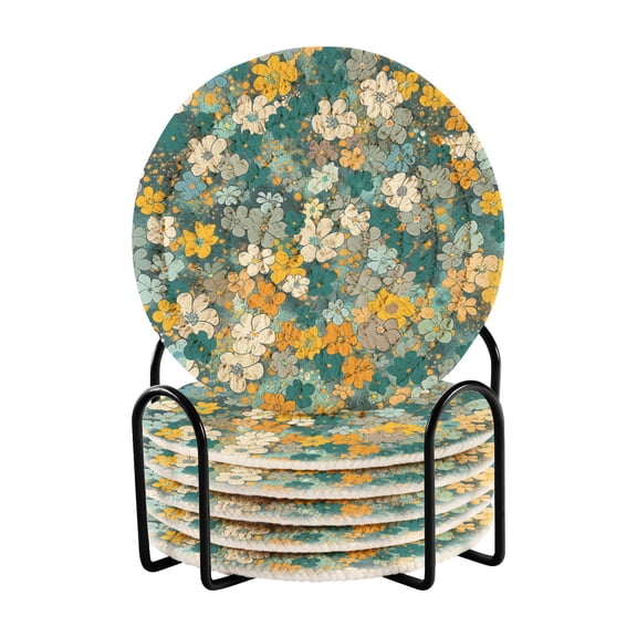 Watercolor Little Daisy Coasters with Holder for Coffee Table 6 Pcs Drink Coaster Sets Absorbent for Home Decor 4 inch