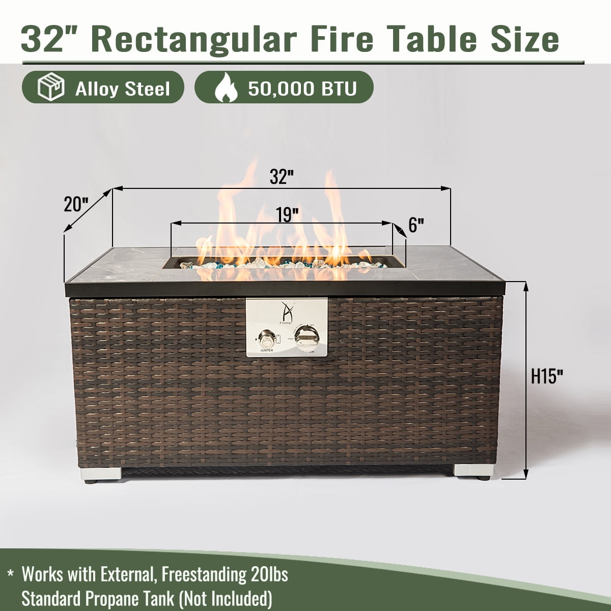 AJ Enjoy 32'' Propane Fire Pit Table, Marble Textured Ceramic Tabletop, 50,000 BTU Fire Table with Brown Wicker, Mix Color Glass Rocks, Including Lid&Cover