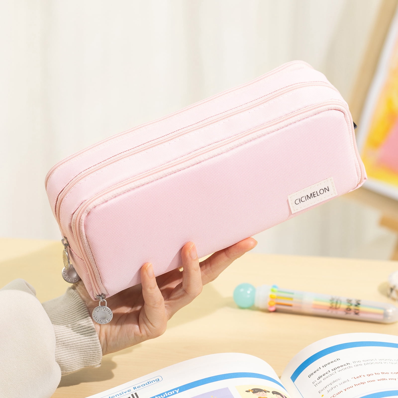CICIMELON Large Capacity Pencil Case 3 Compartments Pen Pouch Pencil Bag for Students Girls Adults Women (PINK)