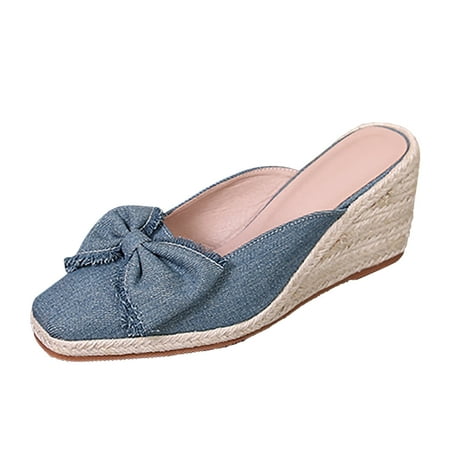 

Womens Platform Sandals Wedge Ankle Strap Open Toe Sandals Spring Style Square Toe Slope Heel Thick Sole High Heel Shoes Bowknot Straw Plaited Article Rope Sole Sandals