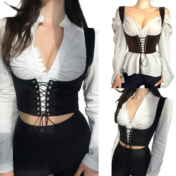 Ladies Outfit, Solid Color Tie Up Corset, V-neck Long Sleeve Shirt 