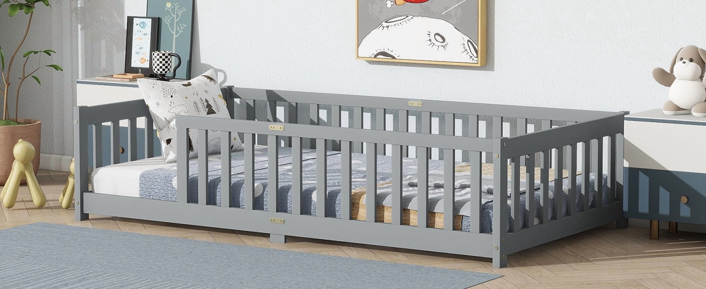Twin Size Floor Bed with Fence without Door, Rubber Wood Floor Bed with Safety Guardrails,Grey