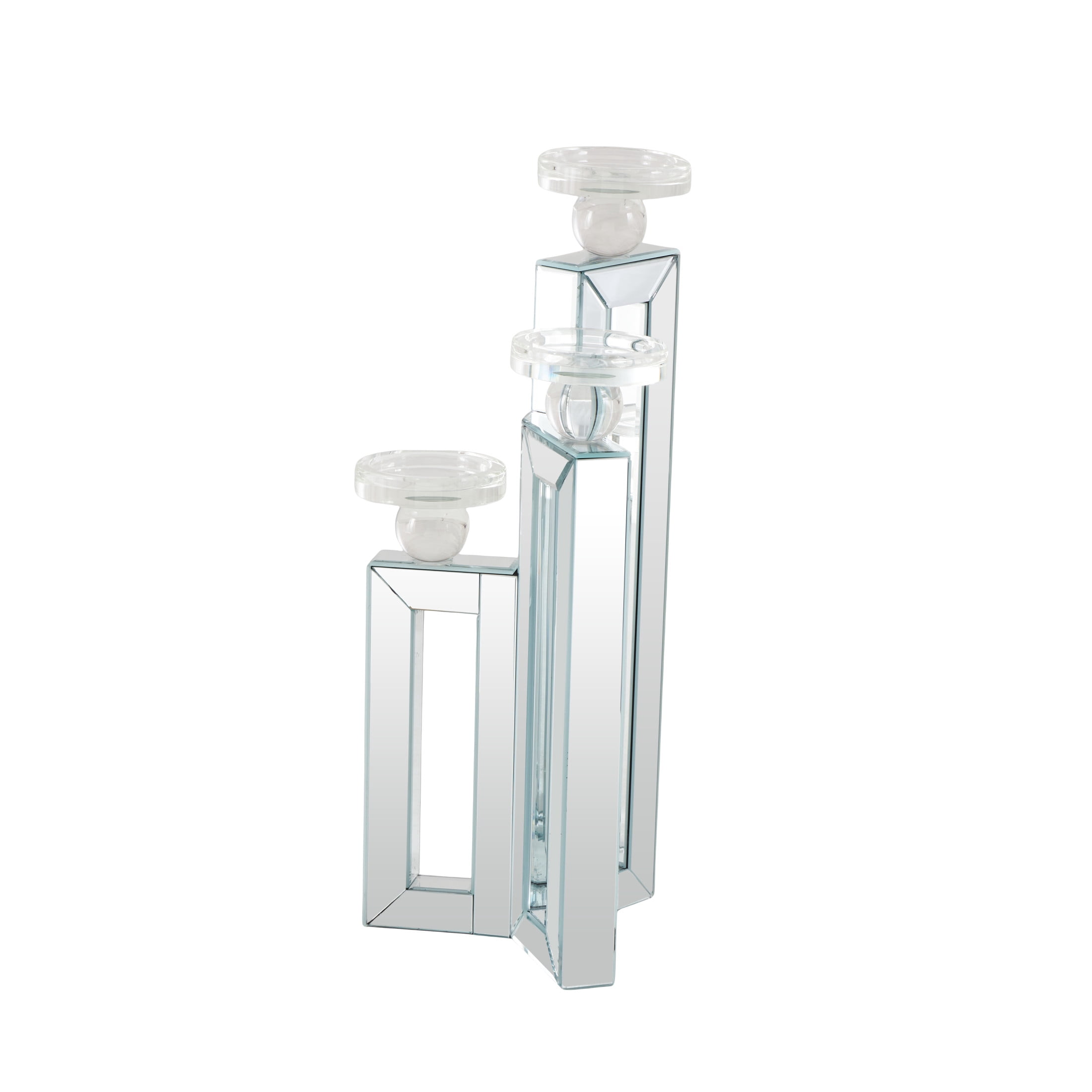 DecMode Glam Wood 3 Plate Pillar Candlle Holder with Silver Beveled Glass Finish, 7"W x 21"H