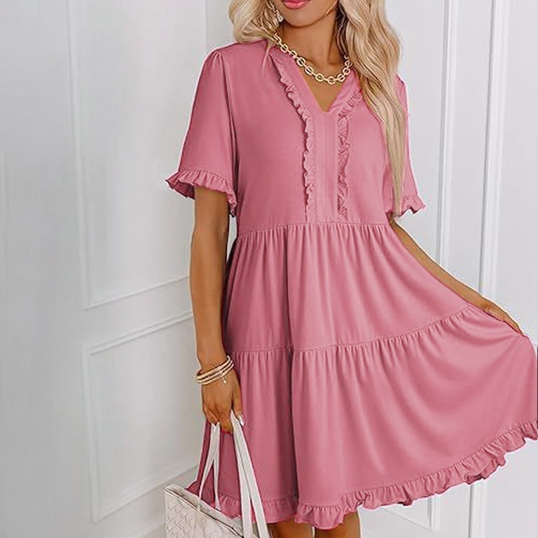 DeHolifer Dresses for Women Summer Sleeveless Crewneck A-Line Formal Club Graduation Casual Party Mini Dress Pink S