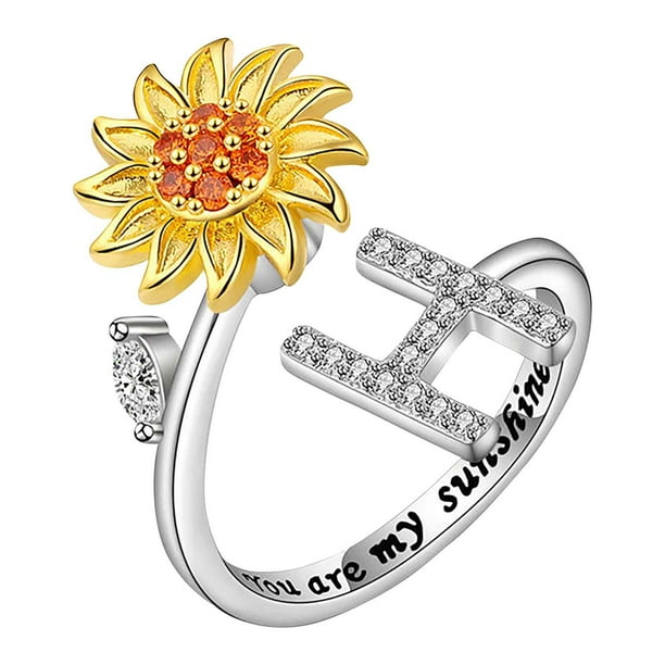 Fiudx Anillo Giratorio Girasol con 26 Letras, Anillo Girasol Abierto para Descomprimir La Ansiedad, Anillo Femenino