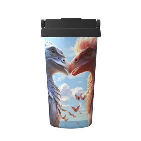 

Xecao Red And White Bird Couple Pattern Insulated Coffee Mug with Handle & Flip Thermos Mug Water Bottle Coffee Tumbler Cup