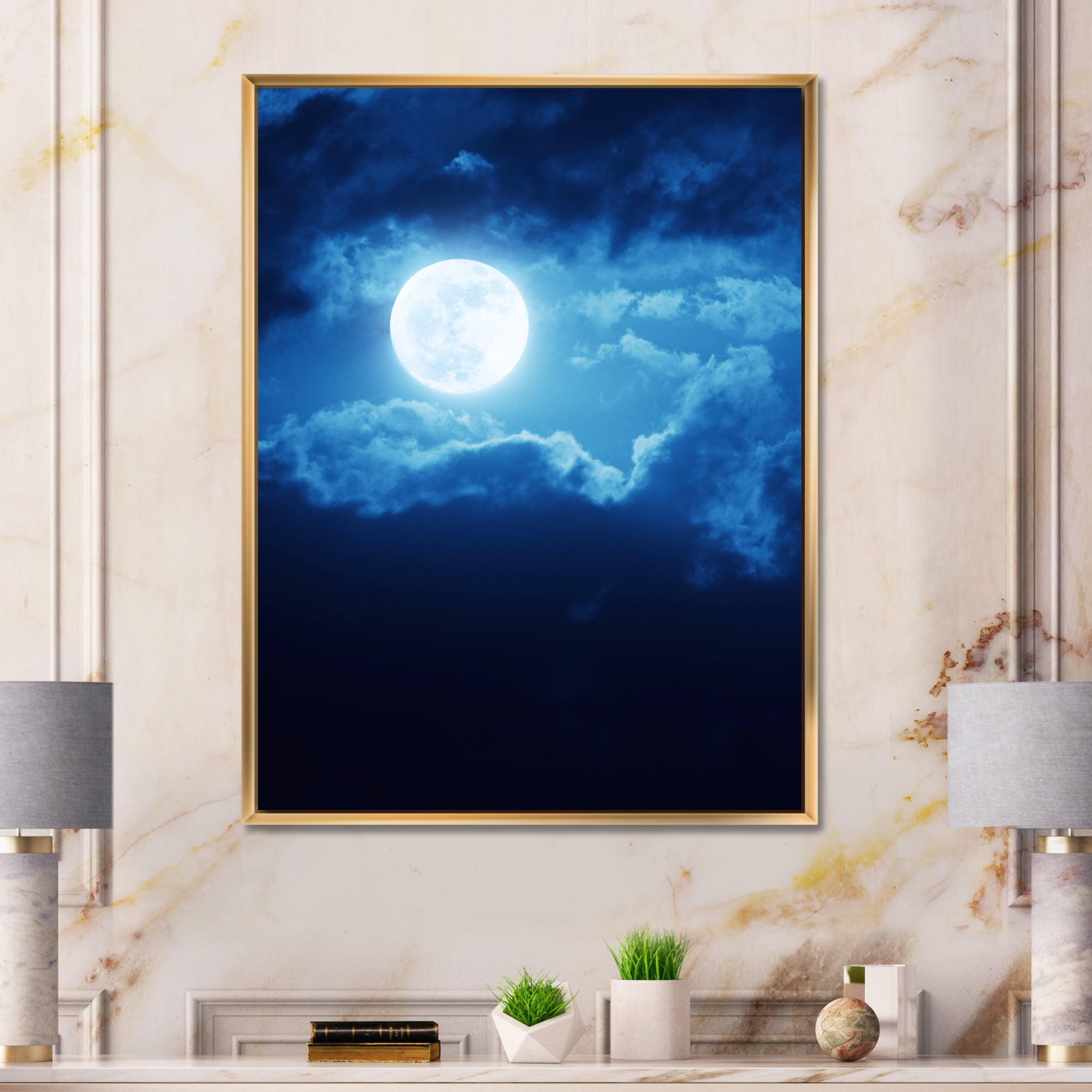Designart 'Full Moon Night in Cloudy Sky III' Nautical & Coastal Framed Canvas Wall Art Print