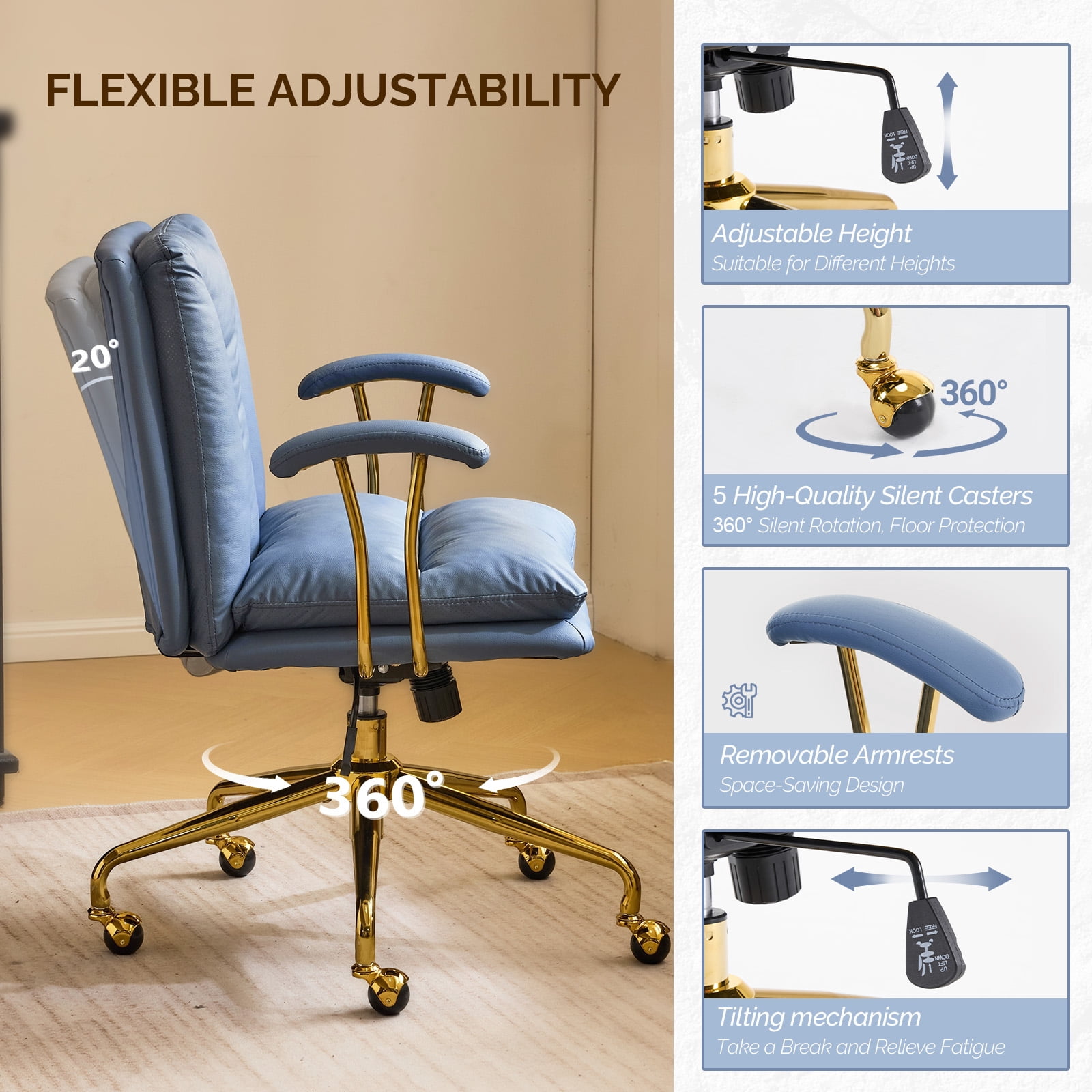Ktaxon Office Chair High Back Study Chair Faux Leather Adjustable Swivel Vanity Chair with Padded Armrests for Conference and Home Blue