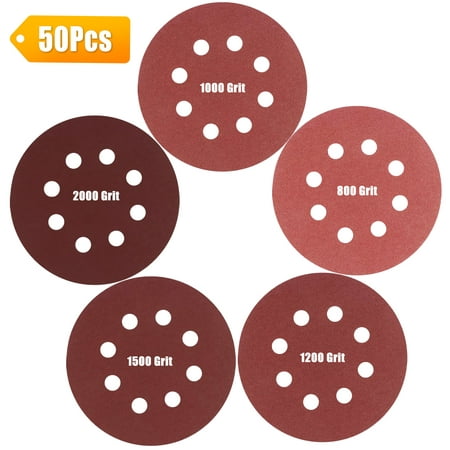 

TSV 50Pcs 5inch Sanding Discs Pad Kit 800-2000 Grits 8 Hole Hook and Loop Sandpaper Disc for Random Orbital Sander for Grinding or Polishing Metal Wood Rubber Plastic Stone Glass