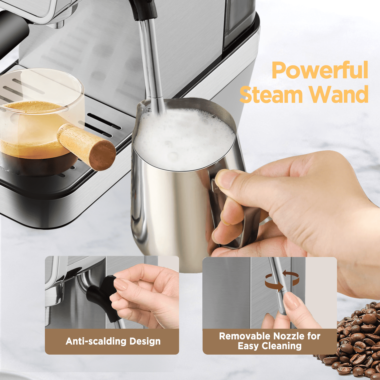 Ollygrin Espresso Machine,15 Bar Semi-Automatic Espresso Maker with Milk Frother,Compact Stainless Steel Coffee Machine with 40oz Removable Water Tank for Cappuccino,Latte, Americano,Sliver for Home