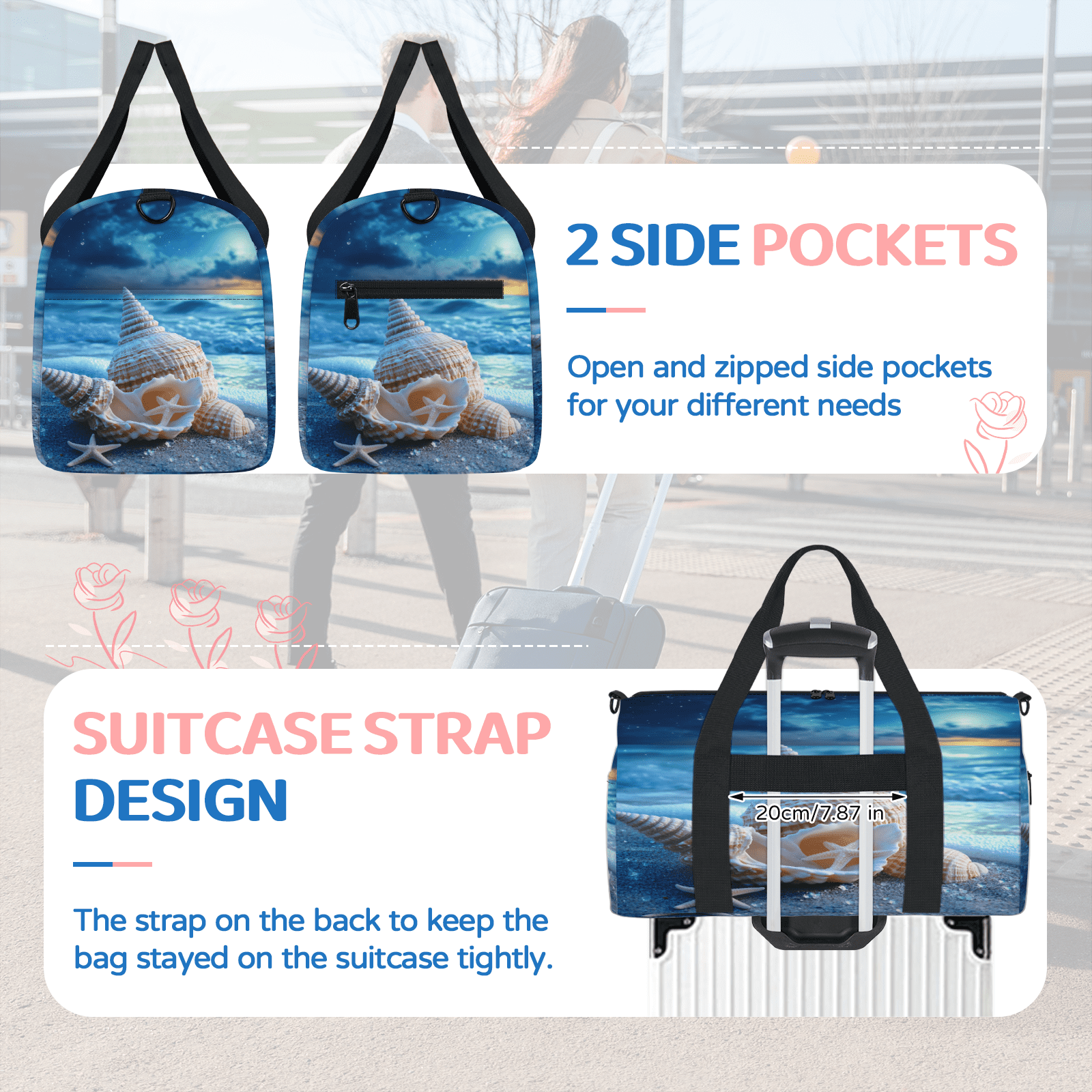 Herdesigns Nautical Coastal Gym Bag for Women, Starfish Seashell Coral Beach Duffle Bag for Travel Sport, Lightweight Waterproof Carry on Weekender Overnight Dance Yoga Workout Bags