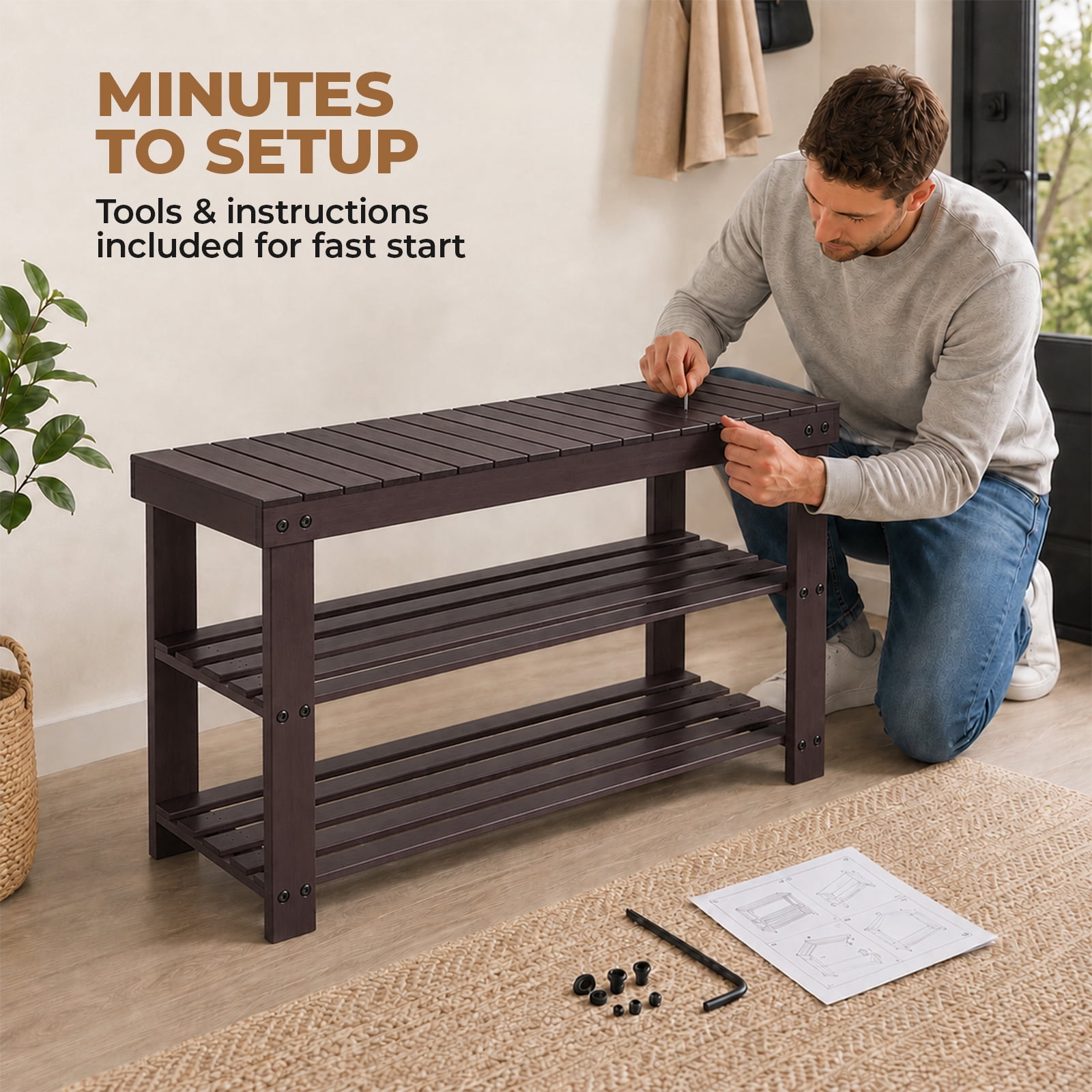 Alvantor 3 Tier Shoe Rack Bench, Shoe Storage Organizer, Entryway Bench, Perfect for Shoe Cubby, Bathroom Bench, Entryway Organizer, Hallway
