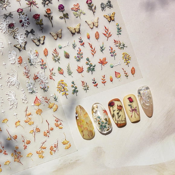 Stickers para uñas 5D en relieve Picksweet, flores y hojas, 2 hojas