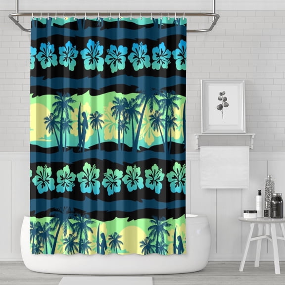 Hawaii Palm Tree Sunset Shower Curtain for Bathroom 72x72, Quick-Drying Polyester with Plastic Rings, Tropical Paradise Boho Decor