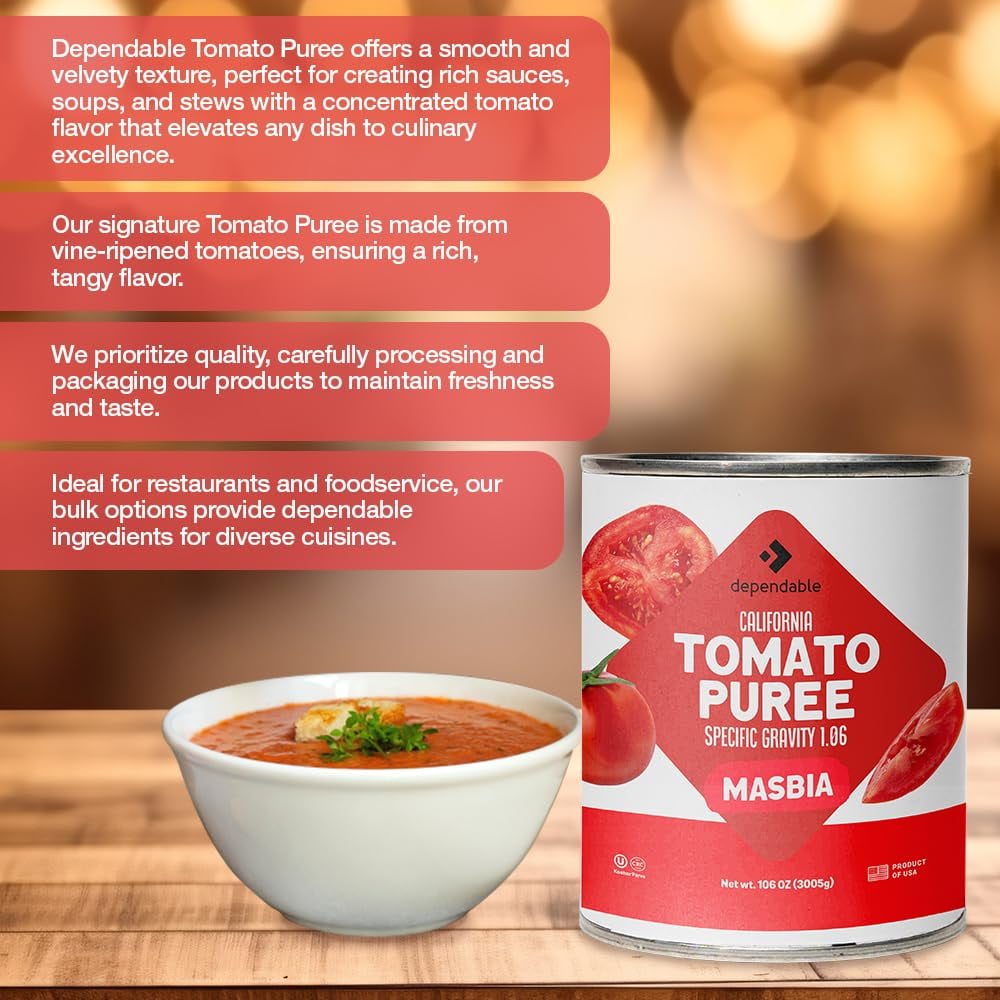 Dependable Food Tomato Puree, Kosher, Gluten Free, & Vegan Canned Tomato Puree, 6.62-lb Bulk Can