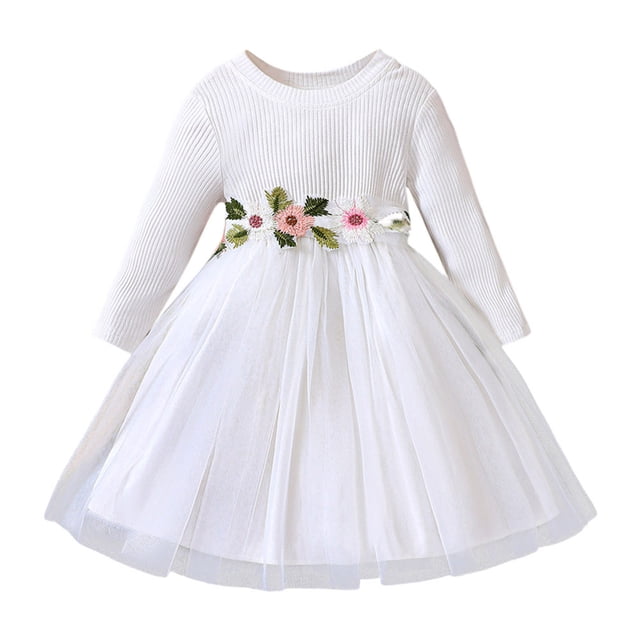 Hfolob Robes d'Été pour Filles Manches Longues Brodées Florales Robe Décontractée 18-24 Mois