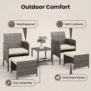 UDPATIO Balcony Furniture 5 Piece Patio Furniture Set, Outdoor Grey Wicker Chairs with Ottoman, Beige