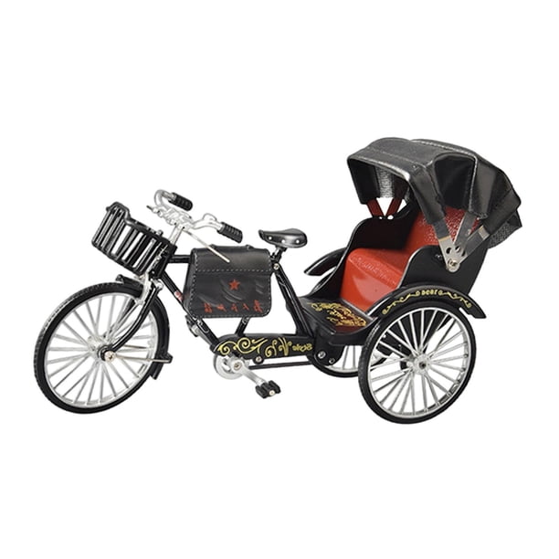 Modelo de rickshaw de aleación, simulación vintage, pedicab de metal, juguete en miniatura, carro de hierro Tres ruedas negras