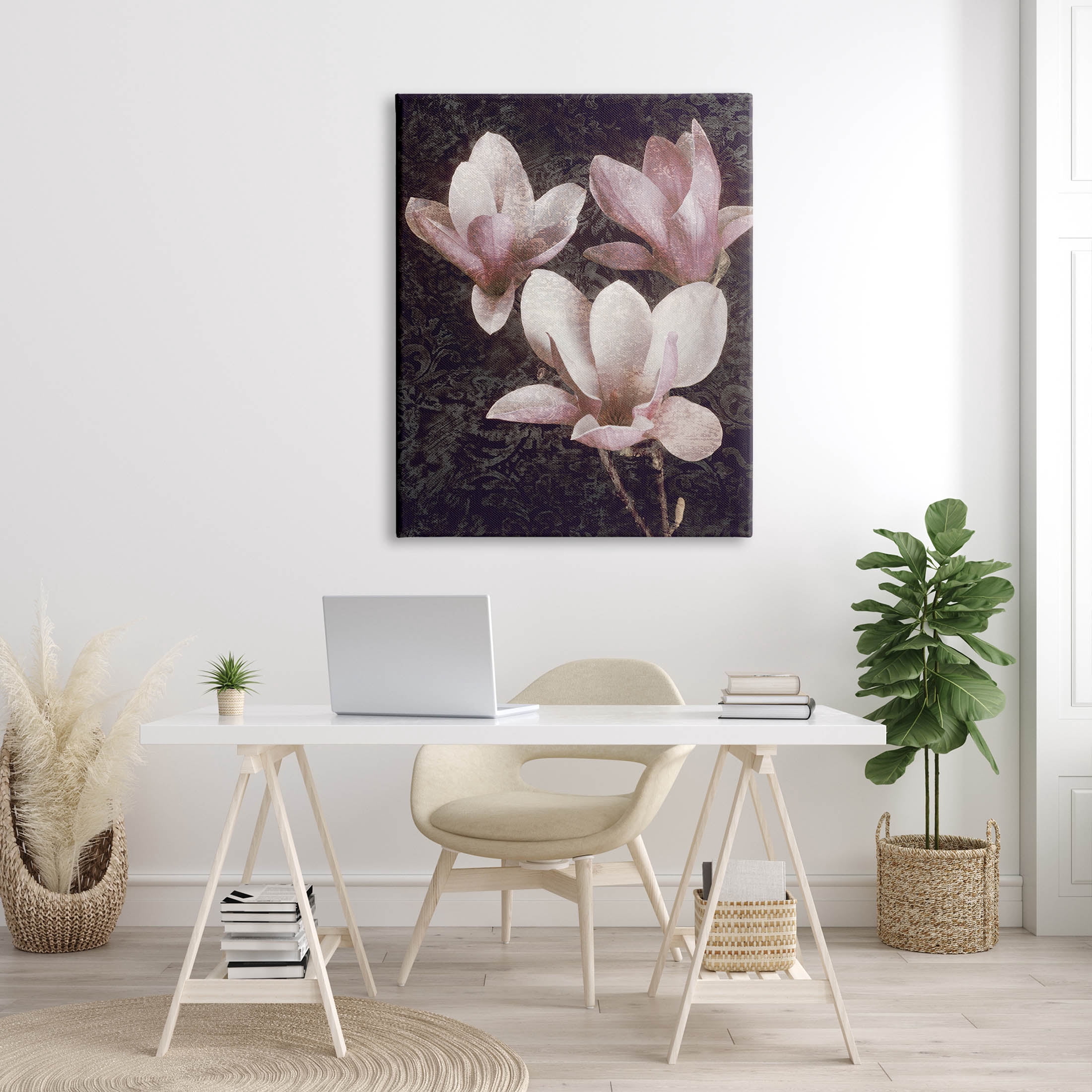 Vintage Pink Blooms Damask Pattern Botanical & Floral Graphic Art Gallery Wrapped Canvas Print Wall Art