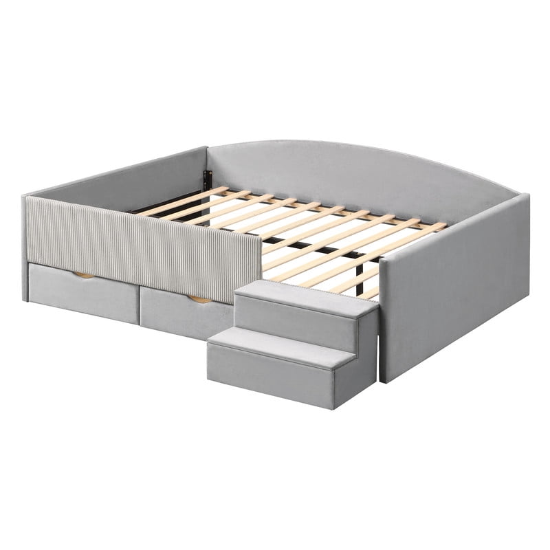 Full Size Kids Daybed Frame with Small Stair & 2 Storage Drawers, Velvet+Corduroy Dual Upholstered Accent Platform Bed