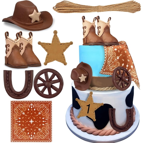 Cowboy Cake Decorations Cowboy Hat and Boot Cake Toppers Western Cowboy Cowgirl Birthday Baby Shower for Western Theme Party Favors Supplies (Brown)