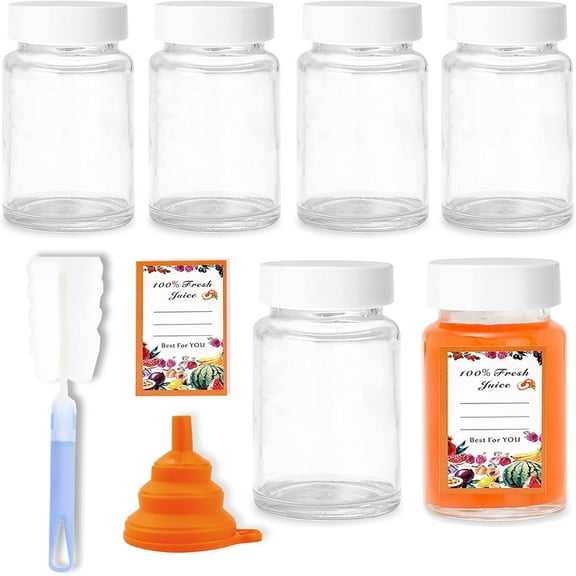6Pack 4oz Glass Shot Bottles with Caps,Juicing Bottles Reusable,Ginger Shot Glasses Containers for Liquids,Sample,Wellness Shot,Turmeric,Juice,DIY,with Funnels,Stickers,Wide Mouth,Leakproof（White）