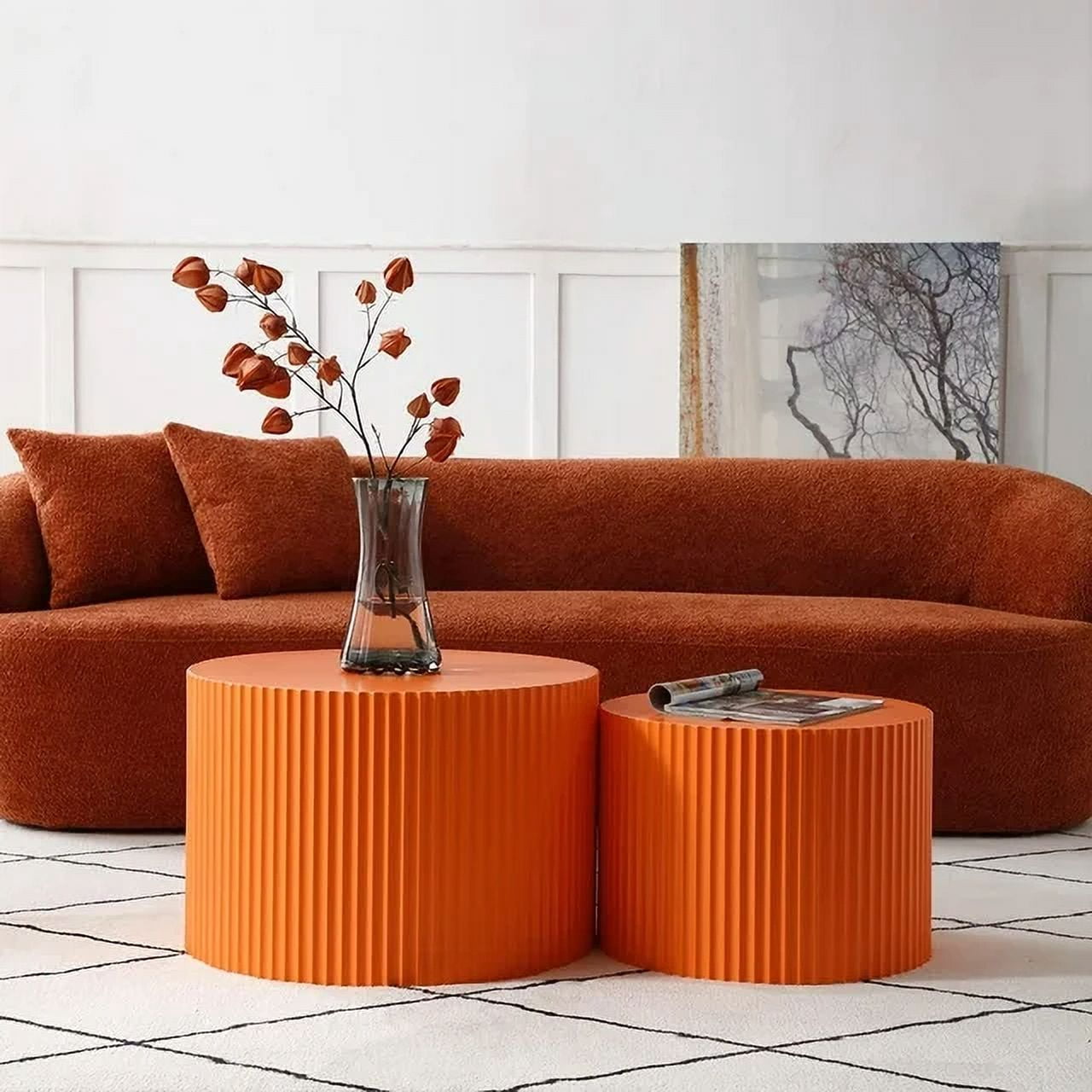 Nesting Coffee Table Set of 2, Round Side Tables Accent End Table for Living Room, Apartment, Orange
