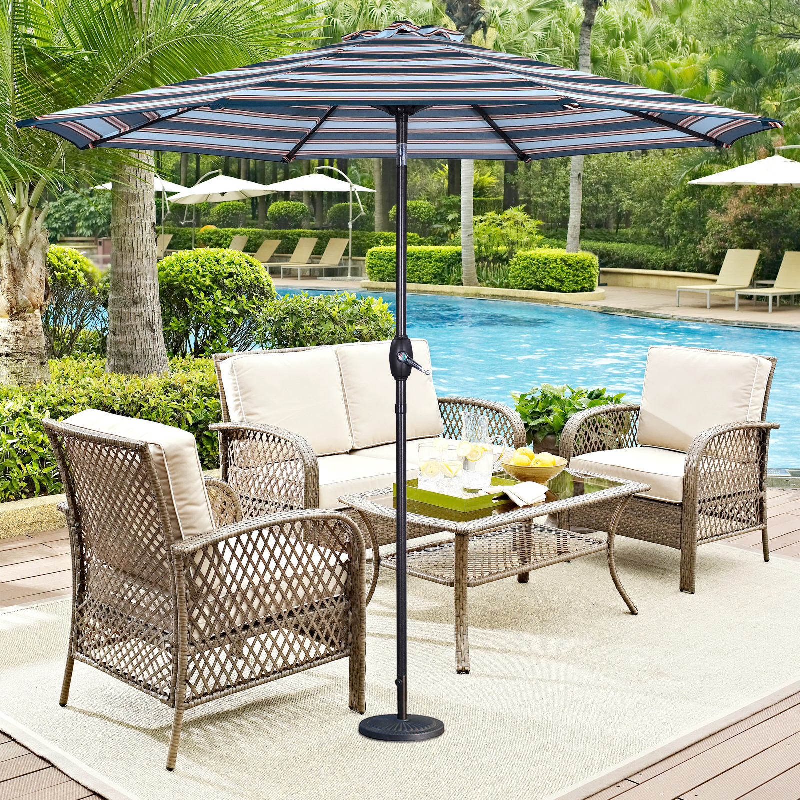 CozyHom Outdoor Outdoor 9 Ft Stripes Round Crank Premium Patio Umbrella, Market Table Umbrellas With Push Button Tilt And Crank Pool Umbrella, Blue & Brown striped