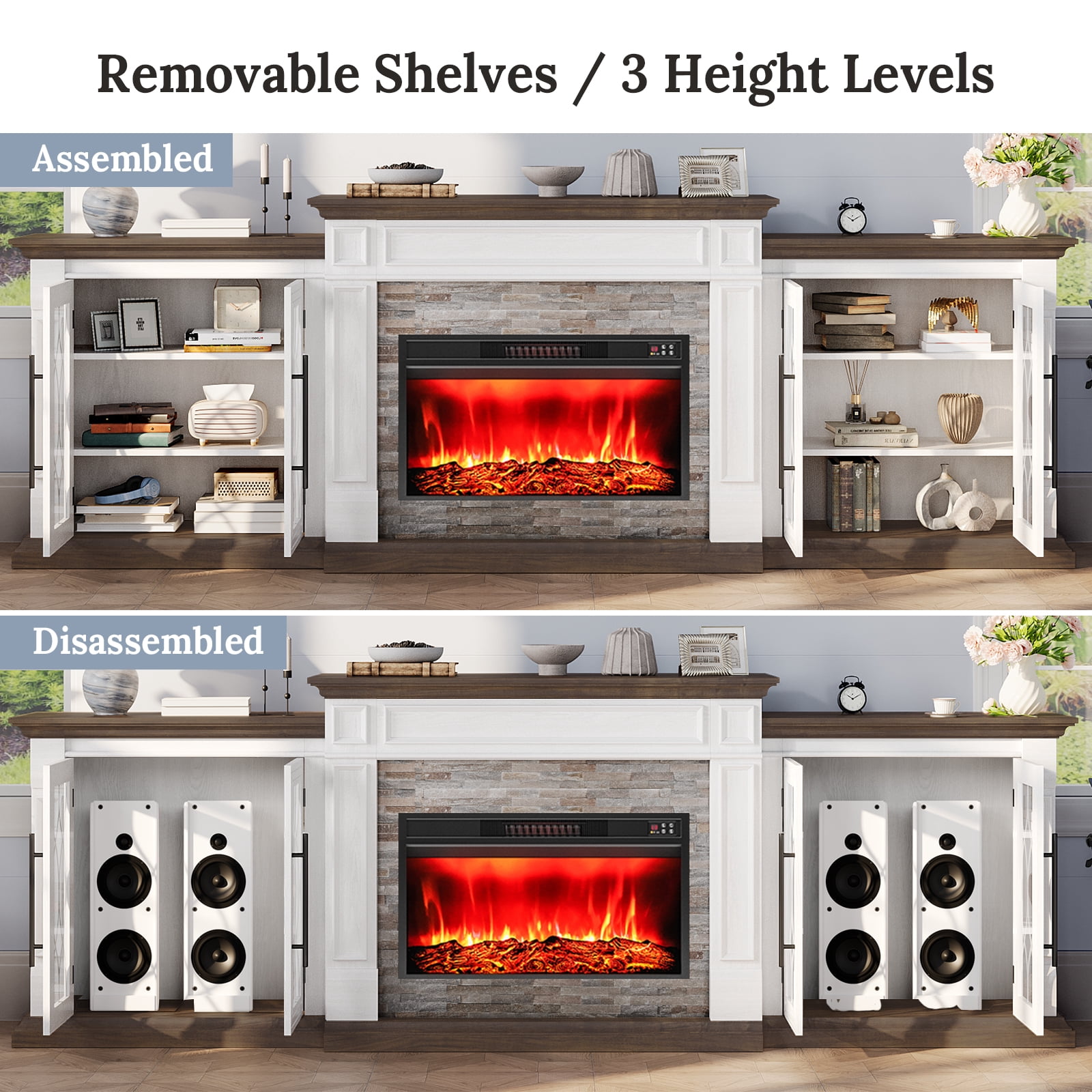 LGHM 104" Fireplace TV Stand with 30" Electric Heater, Large Farmhouse Entertainment Center with Storage Cabinet, Media Console for Living Room, White