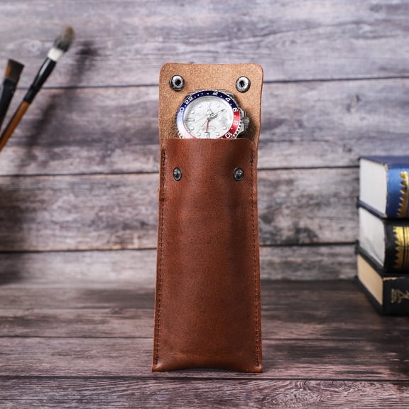 Hiram Portable Watch Pouch Travel Watch Case Leather Watch Storage Bag Single Watch Holder,Brown