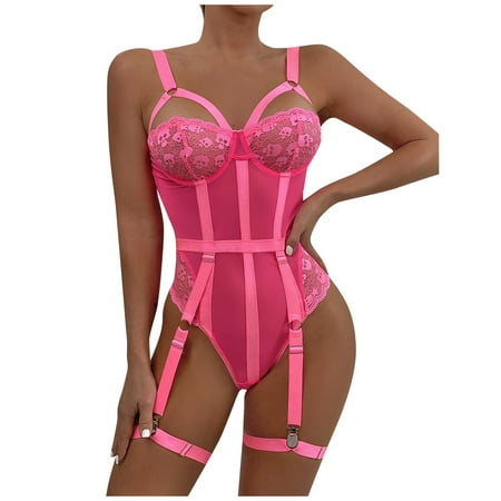 

BIZIZA Women s Eyelash Sleepwear Lingerie Bodysuit Teddy Sexy One Piece Strappy Babydoll with Garter Pink S