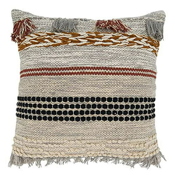 Fennco Styles Woven Fringe Braided Cotton Decorative Throw Pillow Cover 20" W x 20" L - Multicolored Textured Cushion Case for Home, Couch, Bedroom, Living Room, Office and Boho Décor