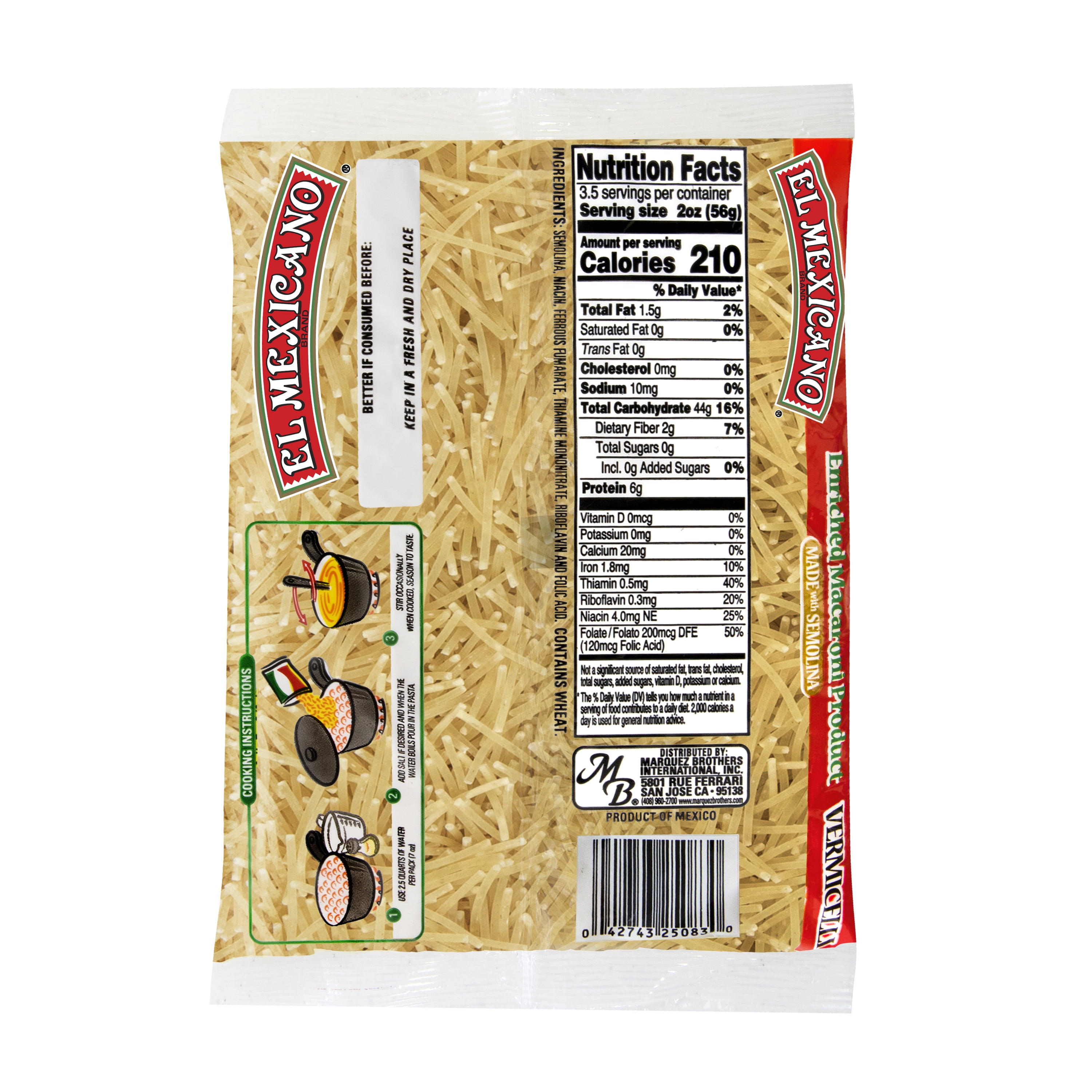 El Mexicano Vermicelli Pasta, Fideo Mediano, 7 oz Bag